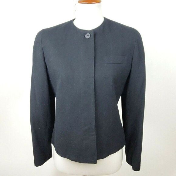 Vintage 80s Evan Picone Black Worsted Wool Blazer Collarless Hidden Buttons sz 8 - Picture 1 of 8